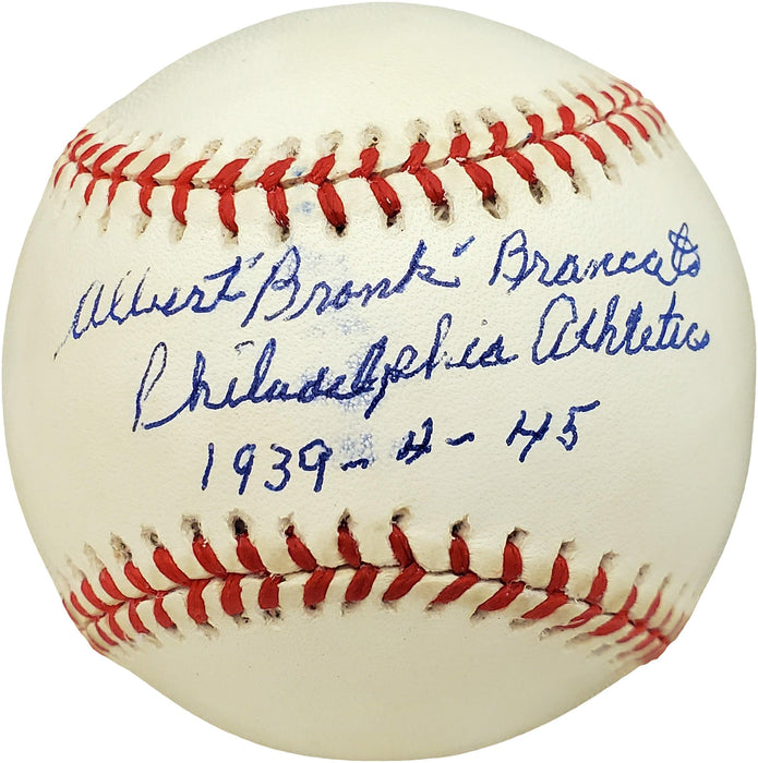 Albert Al "Bronk" Brancato Autographed Official AL Baseball Philadelphia A's "Philadelphia Athletics 1939-4-45" Beckett BAS #V68097 - RSA