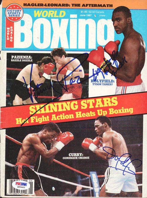 Evander Holyfield, Vinny Pazienza & Donald Curry Autographed Boxing World Magazine Cover PSA/DNA #Q95663 - RSA