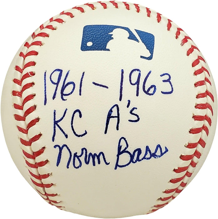 Norm Bass Autographed Official MLB Baseball Kansas City A's "1961-1963 KC A's" Beckett BAS #V68116 - RSA