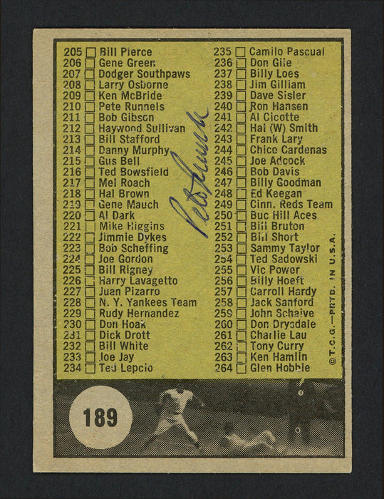 Pete Runnels Autographed 1961 Topps Checklist Card #189 Boston Red Sox SKU #164271 - RSA