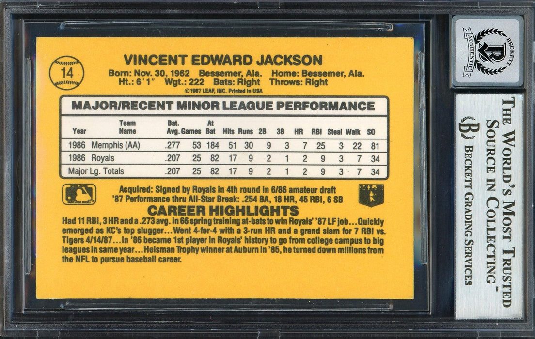 Bo Jackson Autographed 1987 Donruss The Rookies Rookie Card #14 Kansas City Royals Auto Grade Gem Mint 10 Beckett BAS Stock #192873 - RSA