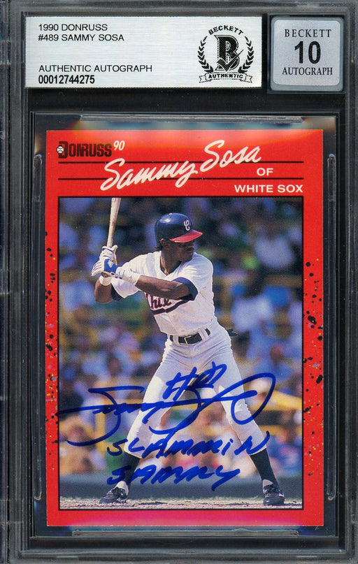 Sammy Sosa Autographed 1990 Donruss Rookie Card #489 Chicago White Sox Auto Grade Gem Mint 10 "Slammin Sammy" Beckett BAS Stock #192890 - RSA