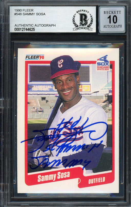 Sammy Sosa Autographed 1990 Fleer Rookie Card #548 Chicago White Sox Auto Grade Gem Mint 10 "Slammin Sammy" Beckett BAS Stock #192894 - RSA