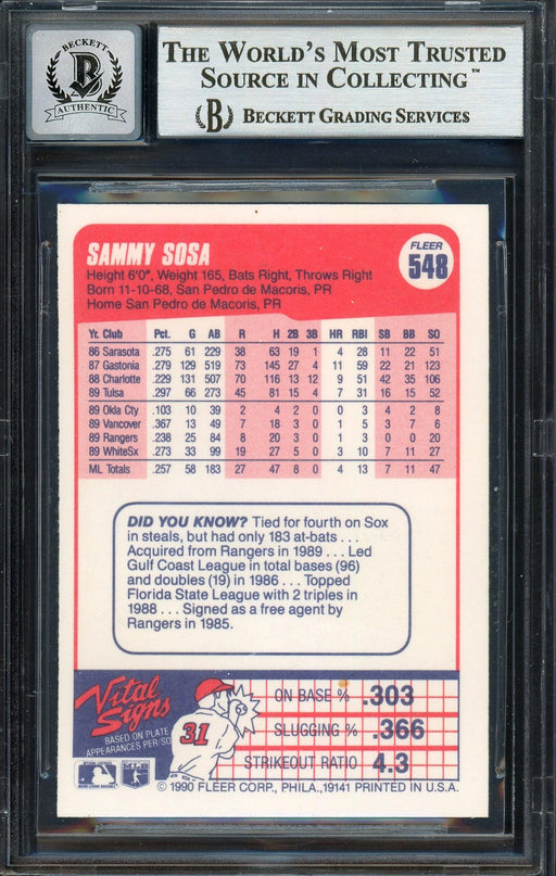 Sammy Sosa Autographed 1990 Fleer Rookie Card #548 Chicago White Sox Auto Grade Gem Mint 10 "Slammin Sammy" Beckett BAS Stock #192894 - RSA