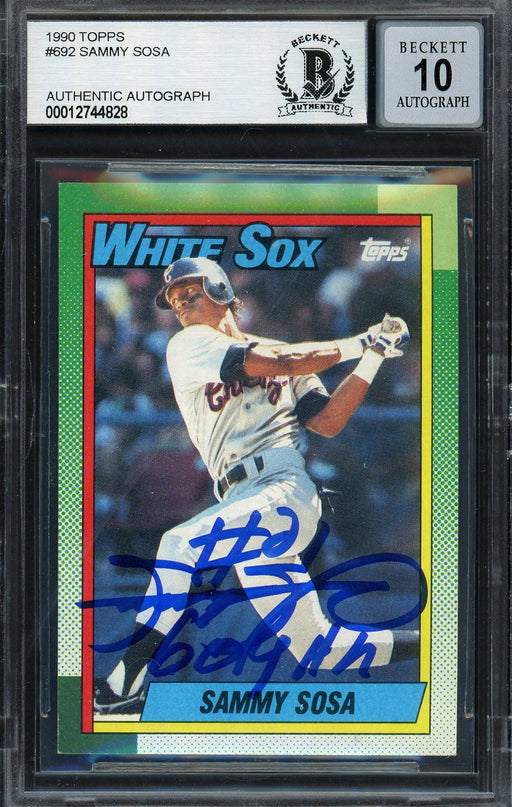 Sammy Sosa Autographed 1990 Topps Rookie Card #692 Chicago White Sox Auto Grade Gem Mint 10 "609 HR" Beckett BAS Stock #192899 - RSA