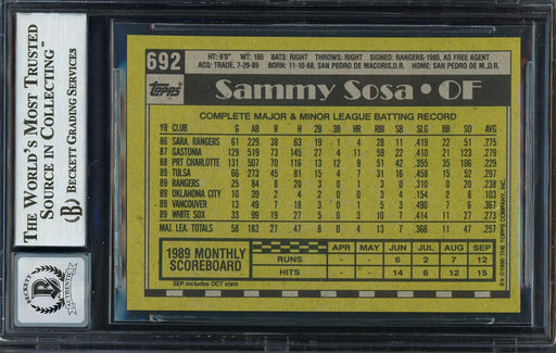 Sammy Sosa Autographed 1990 Topps Rookie Card #692 Chicago White Sox Auto Grade Gem Mint 10 "609 HR" Beckett BAS Stock #192899 - RSA