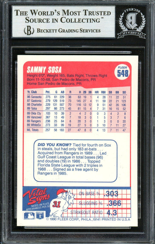 Sammy Sosa Autographed 1990 Fleer Rookie Card #548 Chicago White Sox "609 HR" Beckett BAS #12749882 - RSA