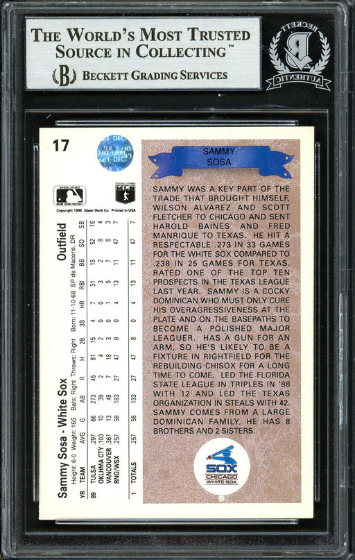 Sammy Sosa Autographed 1990 Upper Deck Rookie Card #17 Chicago White Sox "Slammin Sammy" Beckett BAS #12749893 - RSA