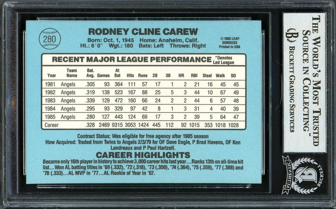 Rod Carew Autographed 1986 Donruss Card #280 California Angels Beckett BAS Stock #193244 - RSA