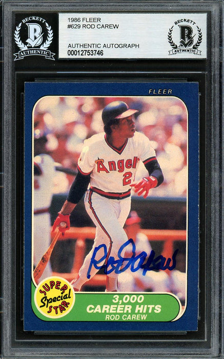 Rod Carew Autographed 1986 Fleer Card #629 California Angels Beckett BAS Stock #193246 - RSA