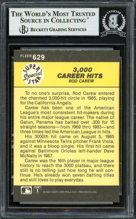 Rod Carew Autographed 1986 Fleer Card #629 California Angels Beckett BAS Stock #193246 - RSA