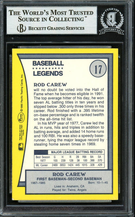 Rod Carew Autographed 1990 Pacific Card #17 Minnesota Twins Beckett BAS Stock #193257 - RSA