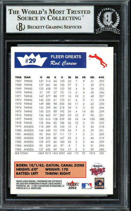Rod Carew Autographed 2001 Fleer Greats Card #29 Minnesota Twins Beckett BAS #12754074 - RSA