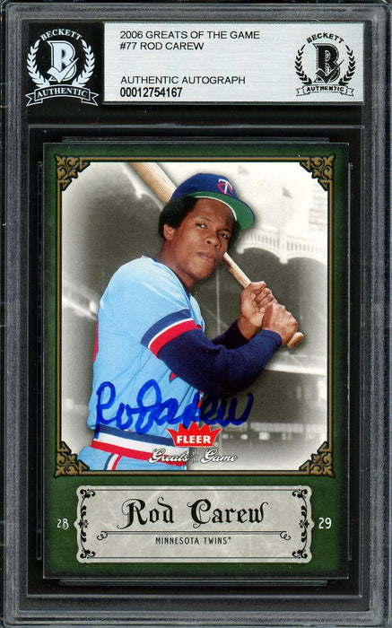 Rod Carew Autographed 2006 Fleer Greats of the Game Card #77 Minnesota Twins Beckett BAS #12754167 - RSA
