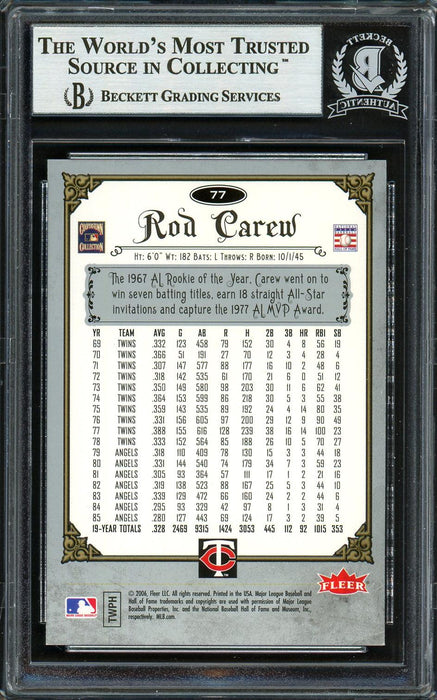 Rod Carew Autographed 2006 Fleer Greats of the Game Card #77 Minnesota Twins Beckett BAS #12754167 - RSA