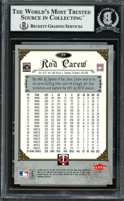 Rod Carew Autographed 2006 Fleer Greats of the Game Card #77 Minnesota Twins Beckett BAS #12754168 - RSA