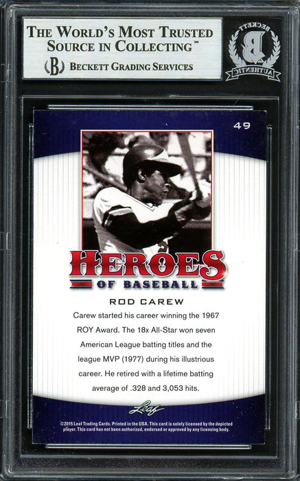 Rod Carew Autographed 2015 Leaf Heroes of Baseball Card #49 Minnesota Twins Beckett BAS #12754316 - RSA