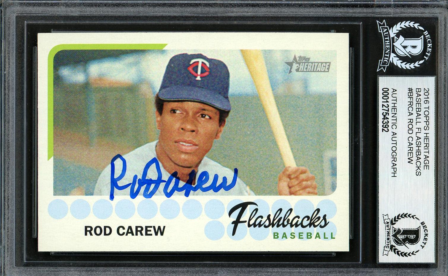 Rod Carew Autographed 2016 Topps Heritage Flashbacks Card #BF-RCA Minnesota Twins Beckett BAS Stock #193380 - RSA