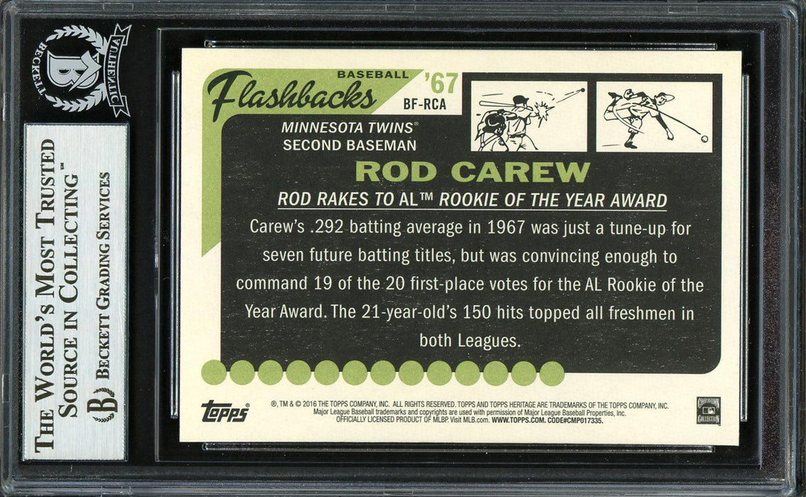 Rod Carew Autographed 2016 Topps Heritage Flashbacks Card #BF-RCA Minnesota Twins Beckett BAS Stock #193380 - RSA