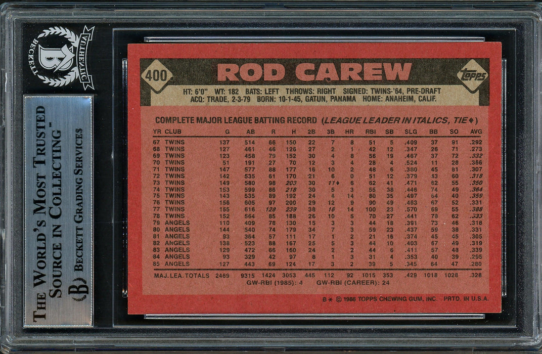 Rod Carew Autographed 1986 Topps Card #400 California Angels Beckett BAS Stock #193251 - RSA