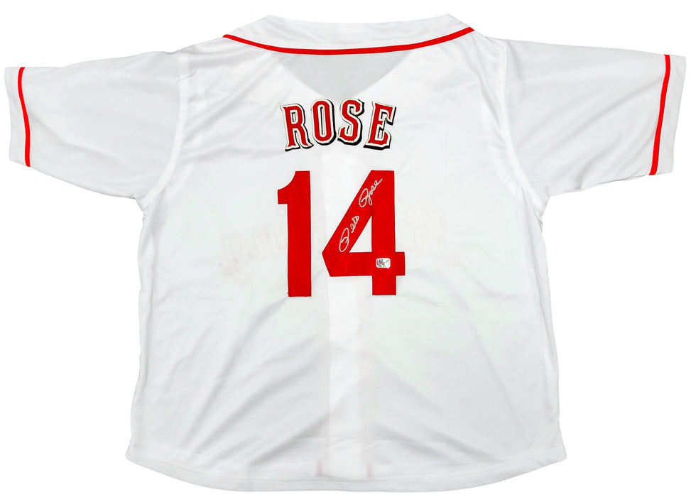 Cincinnati Reds Pete Rose Autographed White Jersey PR Holo Stock #202356 - RSA
