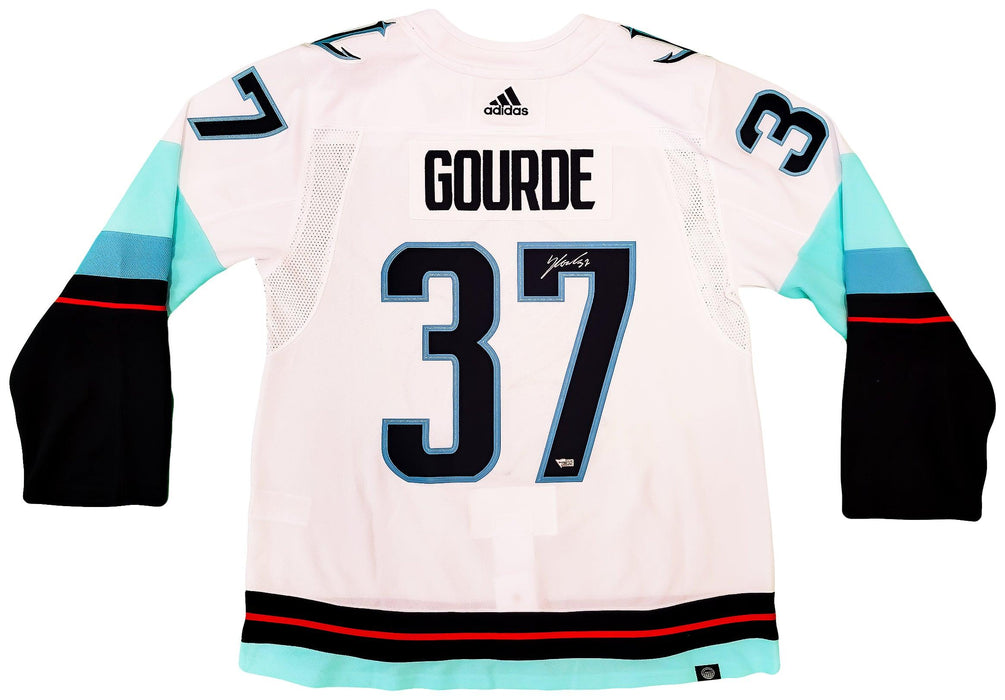 Seattle Kraken Yanni Gourde Autographed White Adidas Authentic Jersey Size 56 Inaugural Season Patch Fanatics Holo Stock #202429 - RSA