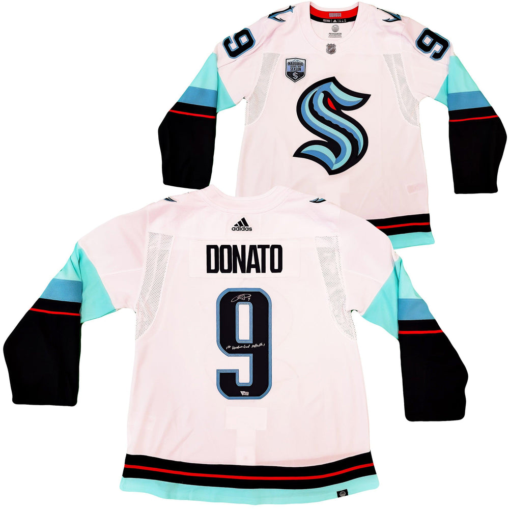Seattle Kraken Ryan Donato Autographed White Adidas Jersey Size 54 "1st Kraken Goal" Inaugural Season Patch Fanatics Holo Stock #202596 - RSA