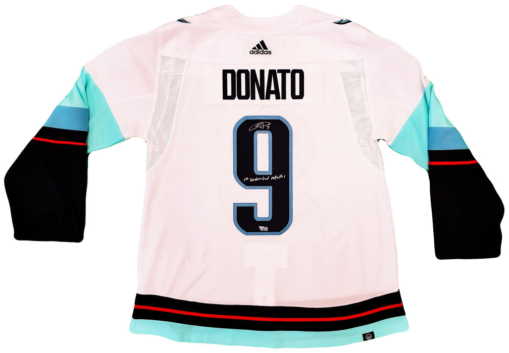 Seattle Kraken Ryan Donato Autographed White Adidas Jersey Size 54 "1st Kraken Goal" Inaugural Season Patch Fanatics Holo Stock #202596 - RSA