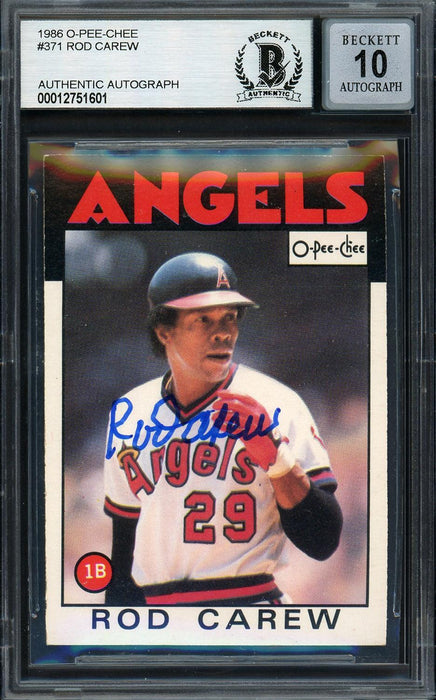 Rod Carew Autographed 1986 O Pee Chee Card #371 California Angels Auto Grade Gem Mint 10 Beckett BAS #12751601 - RSA