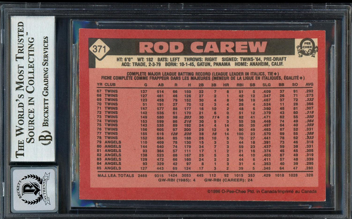 Rod Carew Autographed 1986 O Pee Chee Card #371 California Angels Auto Grade Gem Mint 10 Beckett BAS #12751601 - RSA