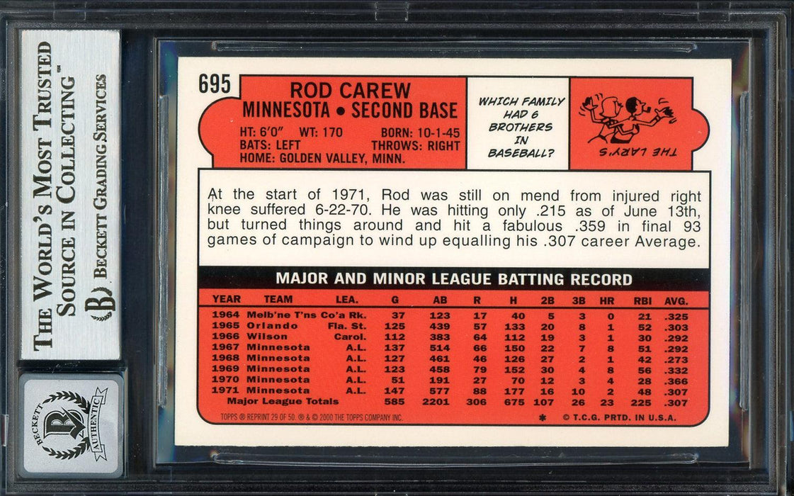 Rod Carew Autographed 2000 Topps Through The Years Card #29 Minnesota Twins Auto Grade Gem Mint 10 Beckett BAS #12751679 - RSA