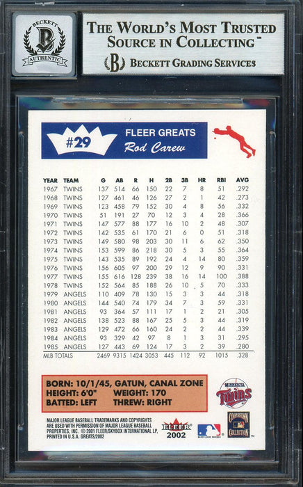 Rod Carew Autographed 2002 Fleer Greats Card #29 Minnesota Twins Auto Grade Gem Mint 10 Beckett BAS Stock #192703 - RSA
