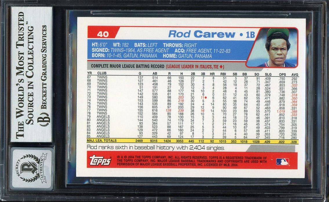 Rod Carew Autographed 2004 Topps Retired Signature Edition Card #40 California Angels Auto Grade Gem Mint 10 Beckett BAS #12751749 - RSA