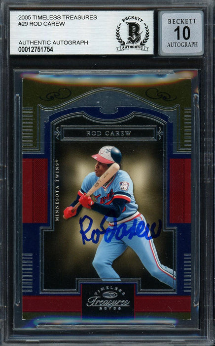Rod Carew Autographed 2005 Donruss Timeless Treasures Card #29 Minnesota Twins Auto Grade Gem Mint 10 #437/799 Beckett BAS #12751754 - RSA