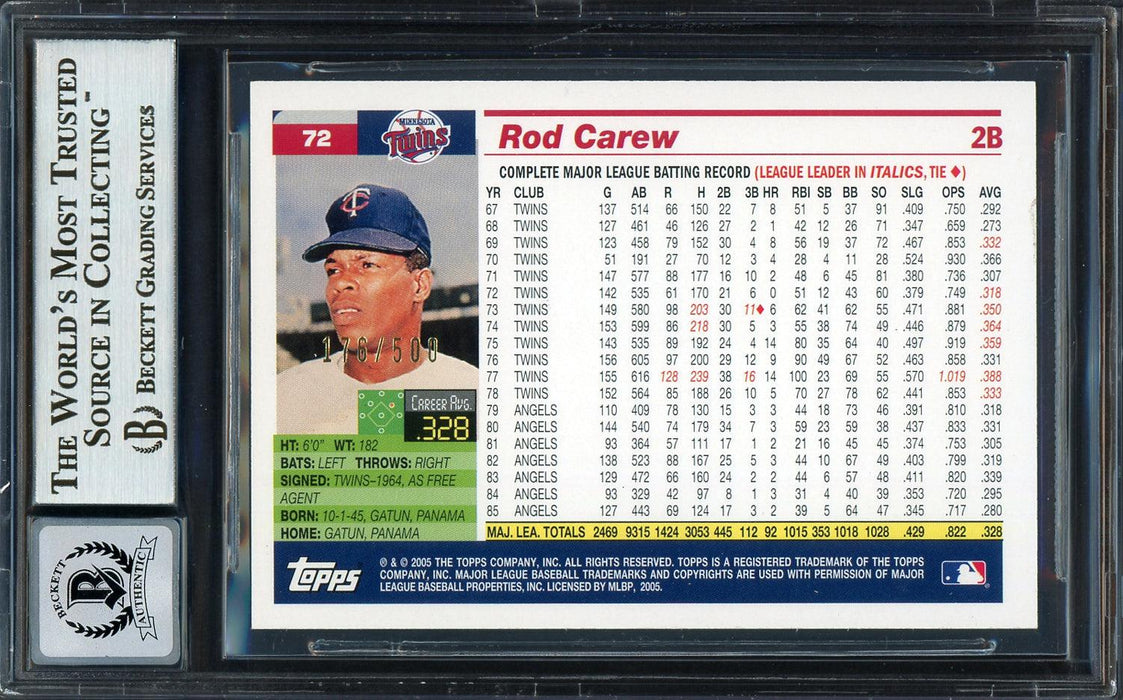 Rod Carew Autographed 2005 Topps Retired Signature Edition Card #72 Minnesota Twins Auto Grade Gem Mint 10 #176/500 Beckett BAS #12751809 - RSA