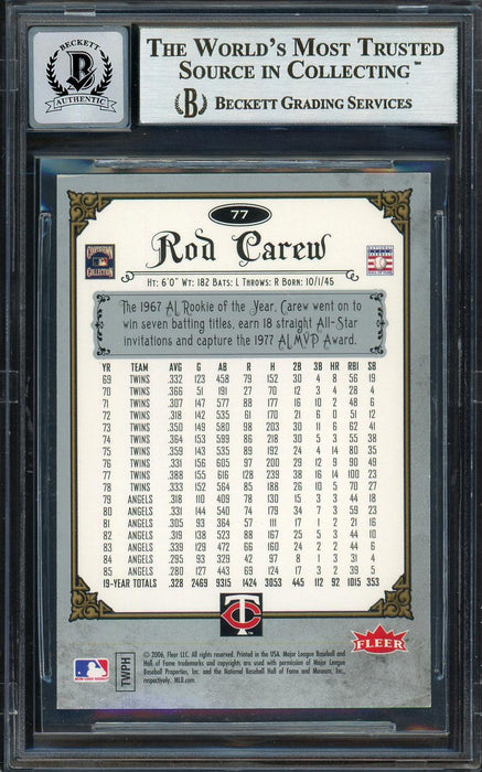 Rod Carew Autographed 2006 Fleer Greats of the Game Card #77 Minnesota Twins Auto Grade Gem Mint 10 Beckett BAS #12751826 - RSA
