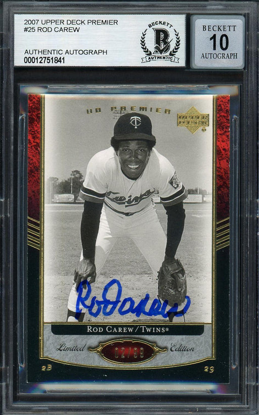 Rod Carew Autographed 2007 Upper Deck Premier Card #25 Minnesota Twins Auto Grade Gem Mint 10 #2/99 Beckett BAS #12751841 - RSA