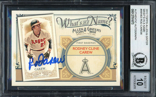 Rod Carew Autographed 2012 Topps Allen & Ginter What's In A Name Card #WIN63 California Angels Auto Grade Gem Mint 10 Beckett BAS #12751873 - RSA