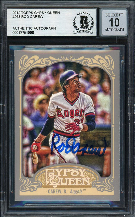 Rod Carew Autographed 2012 Topps Gypsy Queen Card #268 California Angels Auto Grade Gem Mint 10 Beckett BAS Stock #192769 - RSA
