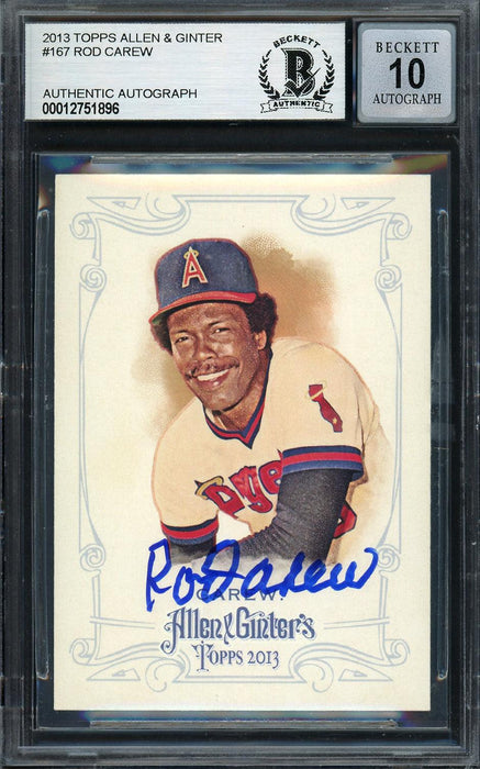Rod Carew Autographed 2013 Topps Allen & Ginter Card #167 California Angels Auto Grade Gem Mint 10 Beckett BAS Stock #192776 - RSA