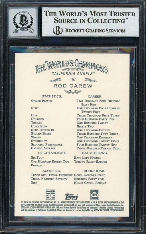 Rod Carew Autographed 2013 Topps Allen & Ginter Card #167 California Angels Auto Grade Gem Mint 10 Beckett BAS Stock #192776 - RSA