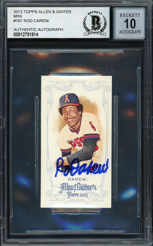 Rod Carew Autographed 2013 Topps Allen & Ginter Mini Card #167 California Angels Auto Grade Gem Mint 10 Beckett BAS #12751914 - RSA