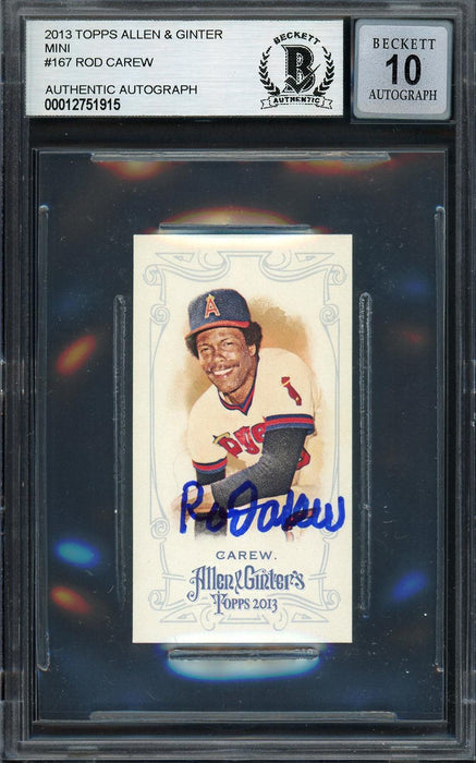 Rod Carew Autographed 2013 Topps Allen & Ginter Mini Card #167 California Angels Auto Grade Gem Mint 10 Beckett BAS #12751915 - RSA