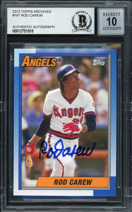 Rod Carew Autographed 2013 Topps Archives Card #167 California Angels Auto Grade Gem Mint 10 Beckett BAS Stock #192781 - RSA