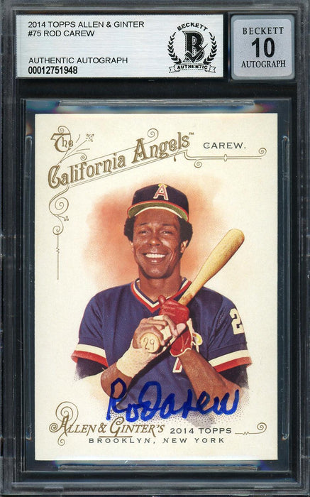Rod Carew Autographed 2014 Topps Allen & Ginter Card #75 California Angels Auto Grade Gem Mint 10 Beckett BAS Stock #192788 - RSA