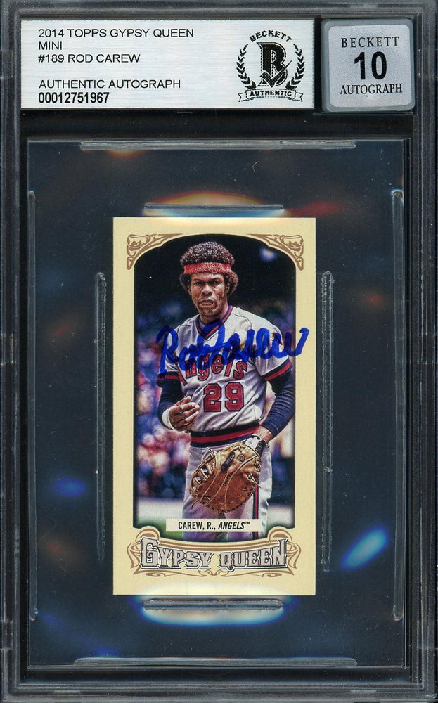 Rod Carew Autographed 2014 Topps Gypsy Queen Mini Card #189 California Angels Auto Grade Gem Mint 10 Beckett BAS #12751967 - RSA