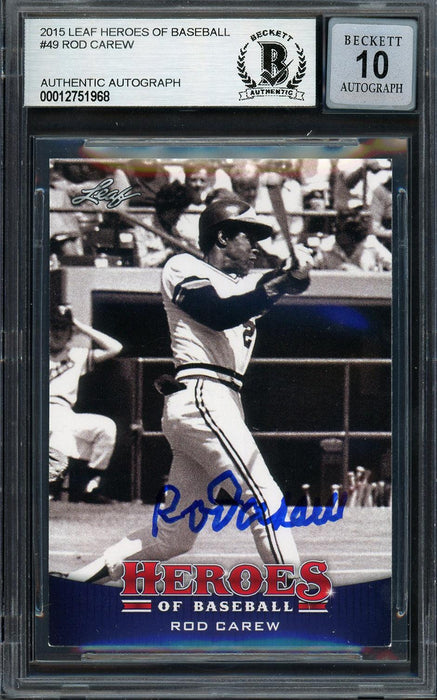 Rod Carew Autographed 2015 Leaf Heroes of Baseball Card #49 Minnesota Twins Auto Grade Gem Mint 10 Beckett BAS #12751968 - RSA