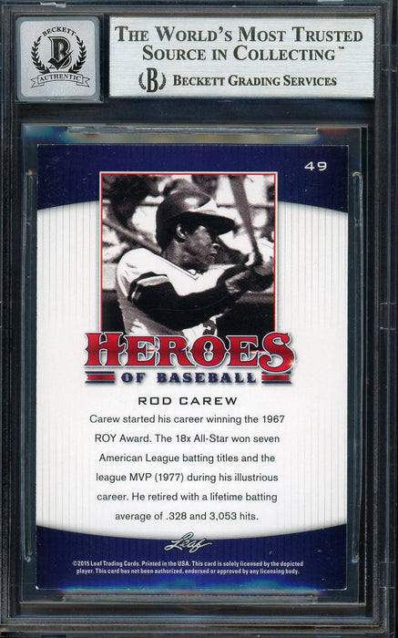 Rod Carew Autographed 2015 Leaf Heroes of Baseball Card #49 Minnesota Twins Auto Grade Gem Mint 10 Beckett BAS #12751968 - RSA