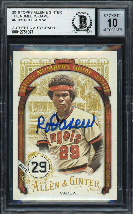 Rod Carew Autographed 2016 Topps Allen & Ginter Number's Game Card #NG-85 California Angels Auto Grade Gem Mint 10 Beckett BAS Stock #192805 - RSA