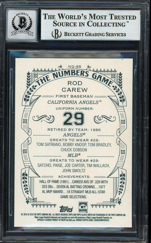 Rod Carew Autographed 2016 Topps Allen & Ginter Number's Game Card #NG-85 California Angels Auto Grade Gem Mint 10 Beckett BAS Stock #192805 - RSA